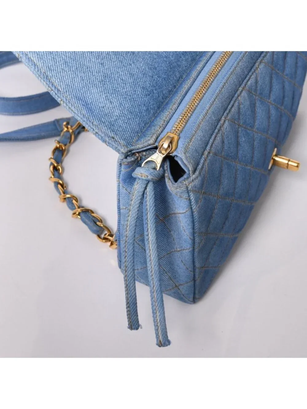 Chanel Quilted Denim Backpack Turnlock Indigo Blue Gold